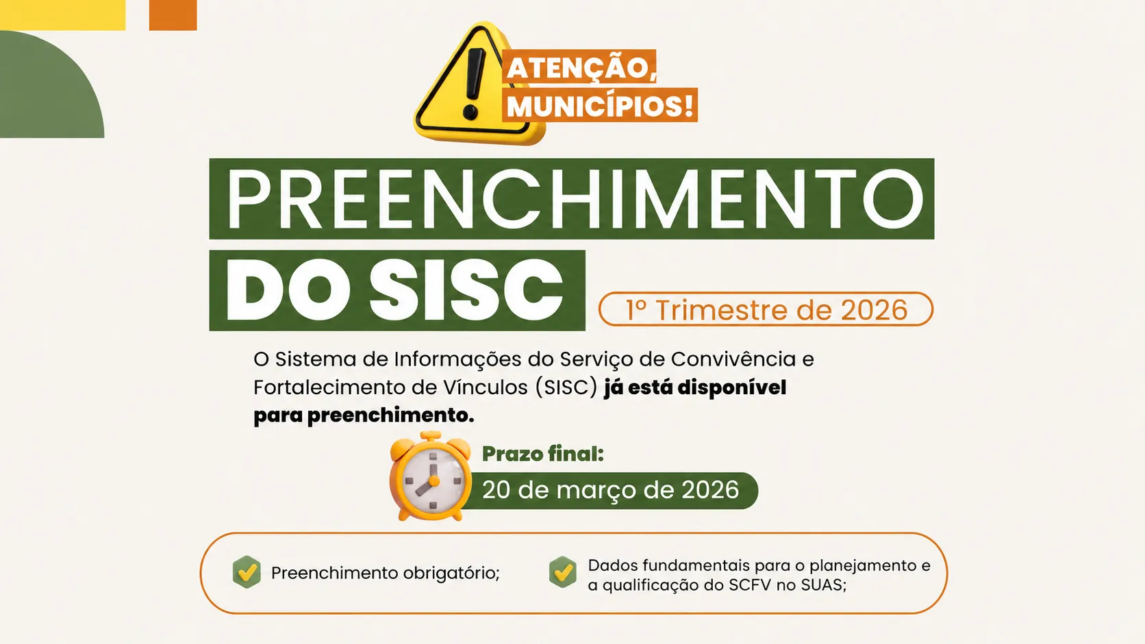 Municípios devem preencher dados do Serviço de Convivência até 20/6